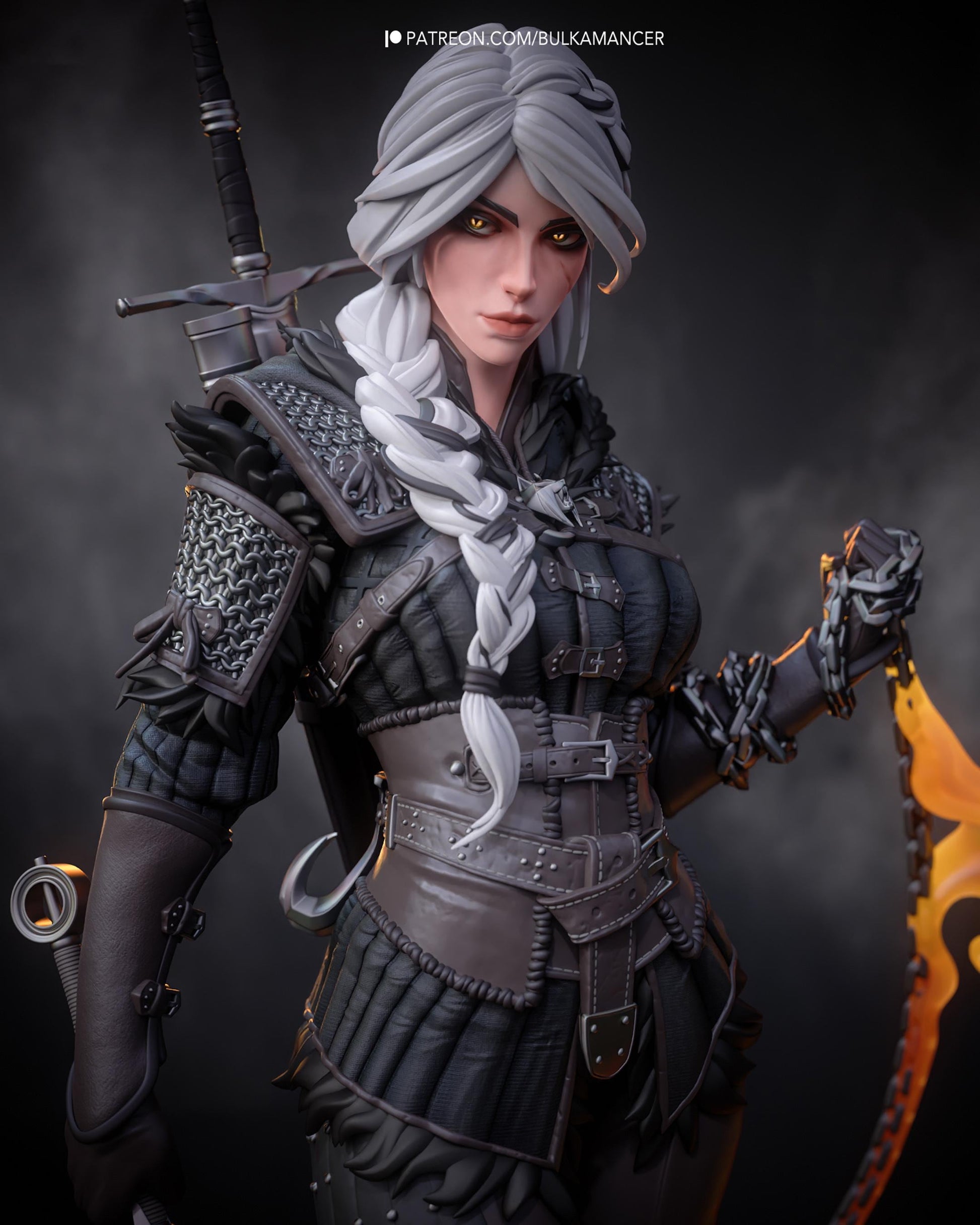 White Hair Swordswoman Resin Statue and DIY Kit – Painted or Unpainted – 1/8 and 1/6 Scale – by Bulkamancers – Clear Flame Ring – photo 3
