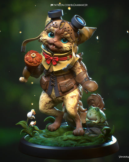 Hand Painted Cute Cat Adventurer Resin Statue – 1/8 and 1/6 Scale – Fantasy Pet with Frog Companion – photo 1