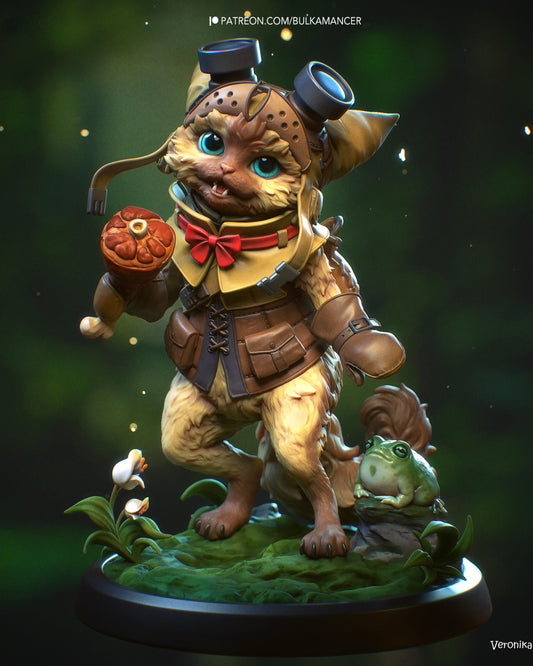 Hand Painted Cute Cat Adventurer Resin Statue – 1/8 and 1/6 Scale – Fantasy Pet with Frog Companion – photo 1