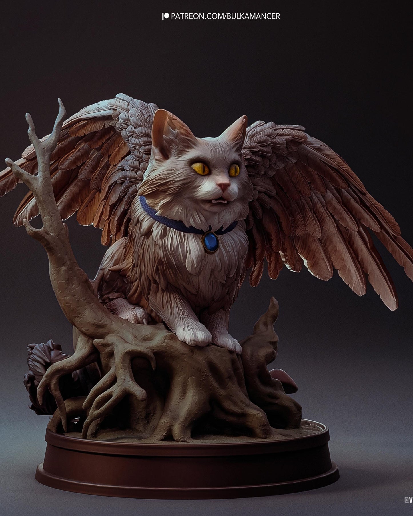 Winged Cat Familiar Resin Statue and DIY Kit – Painted or Unpainted – 1/8 and 1/6 Scale – by Bulkamancers – Tree Root Base – photo 1