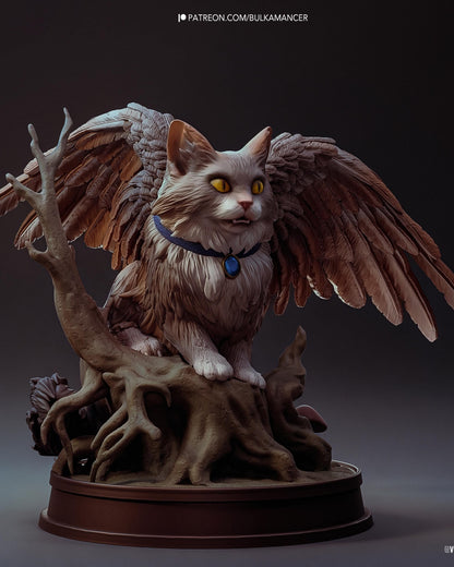 Winged Cat Familiar Resin Statue and DIY Kit – Painted or Unpainted – 1/8 and 1/6 Scale – by Bulkamancers – Tree Root Base – photo 1