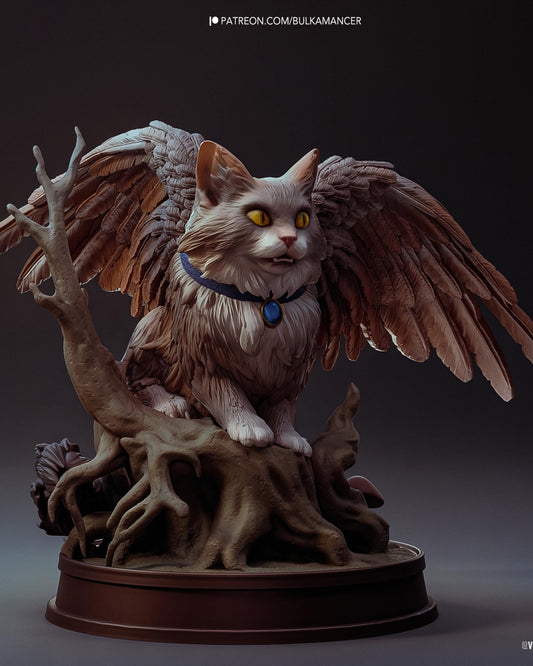Winged Cat Familiar Resin Statue and DIY Kit – Painted or Unpainted – 1/8 and 1/6 Scale – by Bulkamancers – Tree Root Base – photo 1