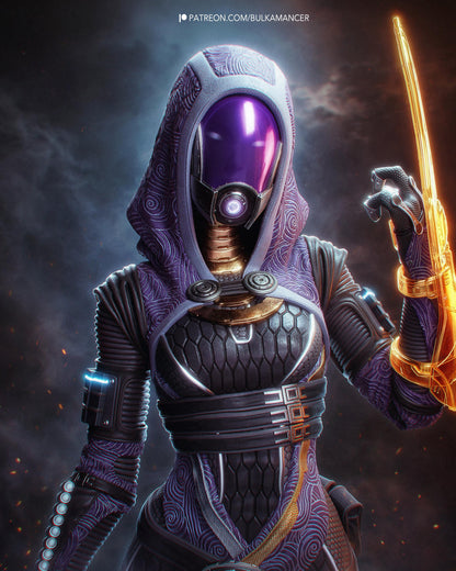 Handpainted sci-fi resin figure of a hooded alien woman with glowing visor and energy blade weapon