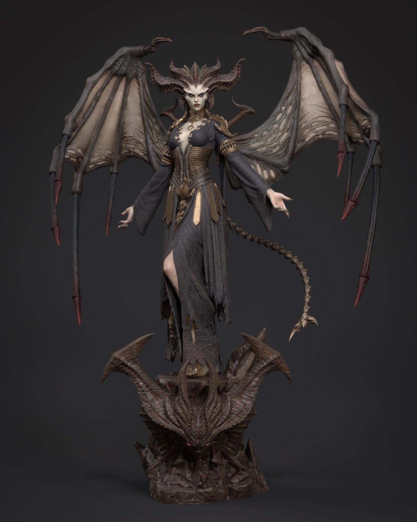 Winged Demon Queen Resin Statue and DIY Kit – Painted or Unpainted – 1/8 and 1/6 Scale – by CA3D – Dark Fantasy Rock Base – photo 2