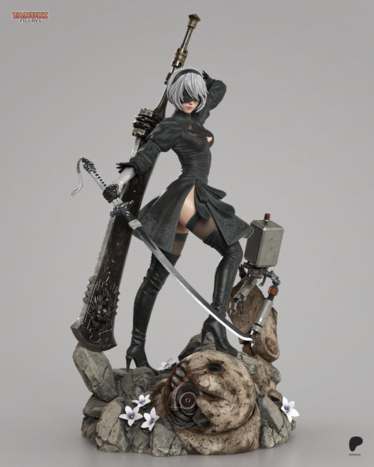 Hand Painted Gothic Android Swordswoman Resin Statue – 1/8 and 1/6 Scale – Anime Style Figure with Robot Companion – photo 1
