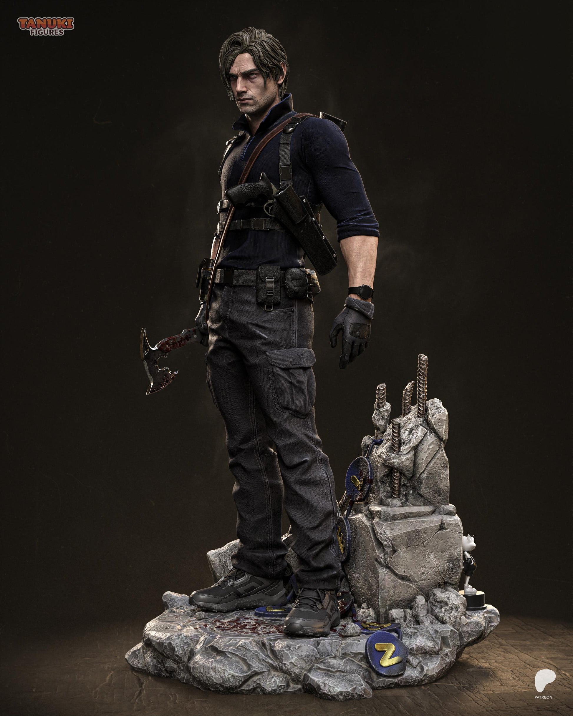 Survival Horror Hero Resin Statue and DIY Kit – Painted or Unpainted – 1/8 and 1/6 Scale – by Tanuki – Rubble Base – photo 3