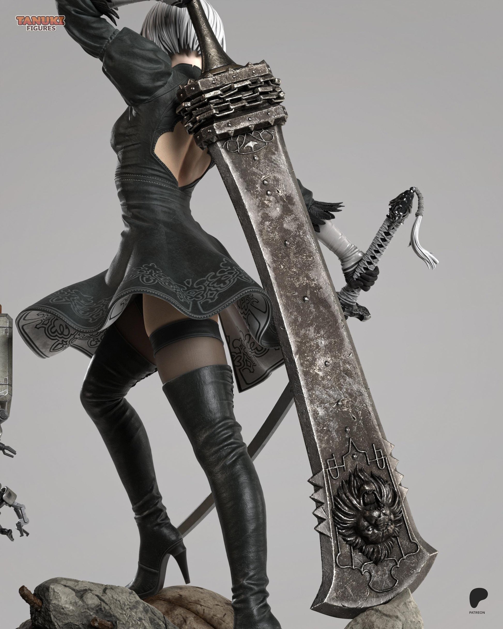 Hand Painted Gothic Android Swordswoman Resin Statue – 1/8 and 1/6 Scale – Anime Style Figure with Robot Companion – photo 3