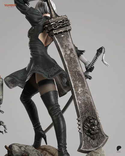 Hand Painted Gothic Android Swordswoman Resin Statue – 1/8 and 1/6 Scale – Anime Style Figure with Robot Companion – photo 3