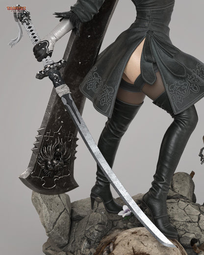 Hand Painted Gothic Android Swordswoman Resin Statue – 1/8 and 1/6 Scale – Anime Style Figure with Robot Companion – photo 2