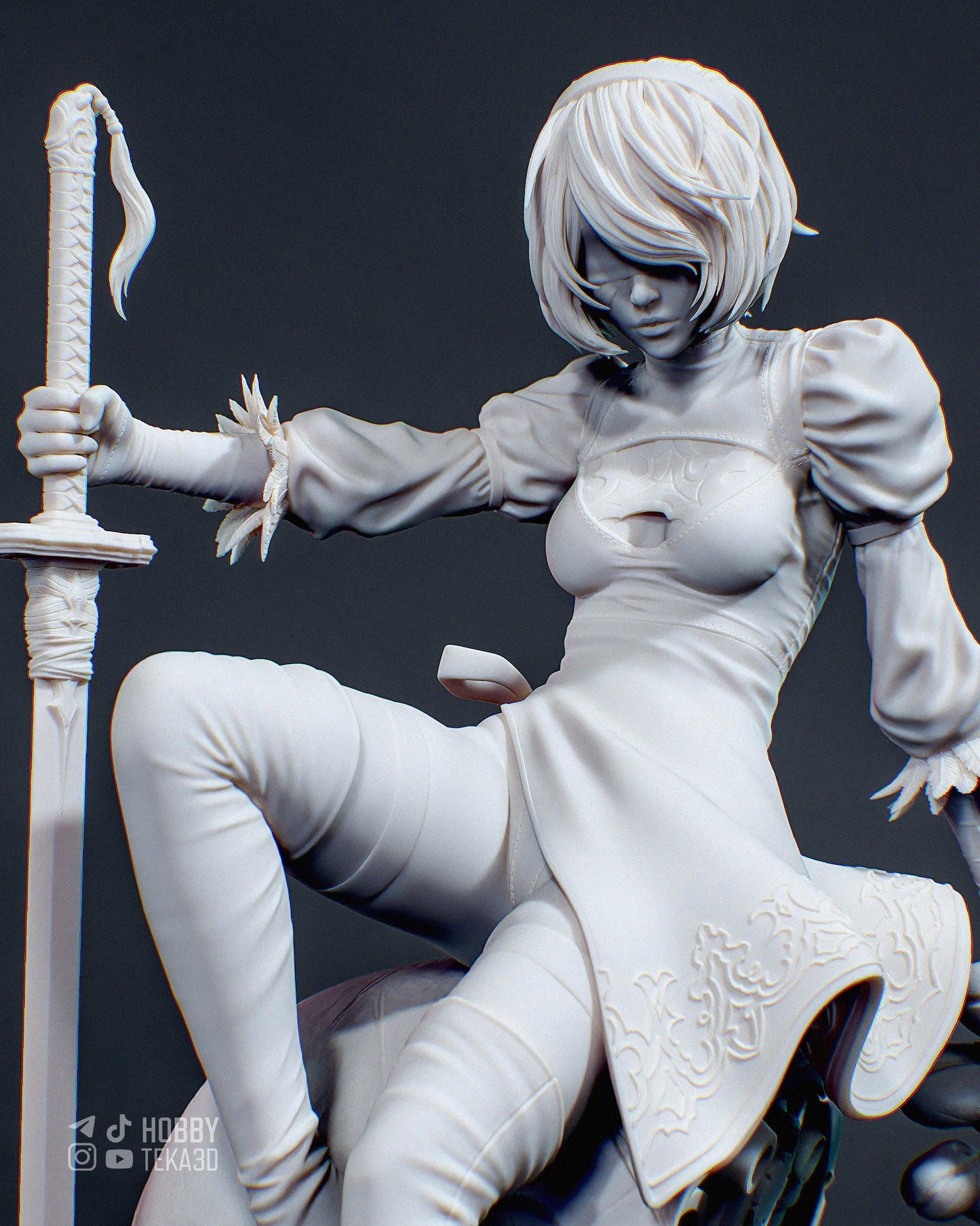 Close-up unpainted android resin statue with blindfold visor dress details and long sword