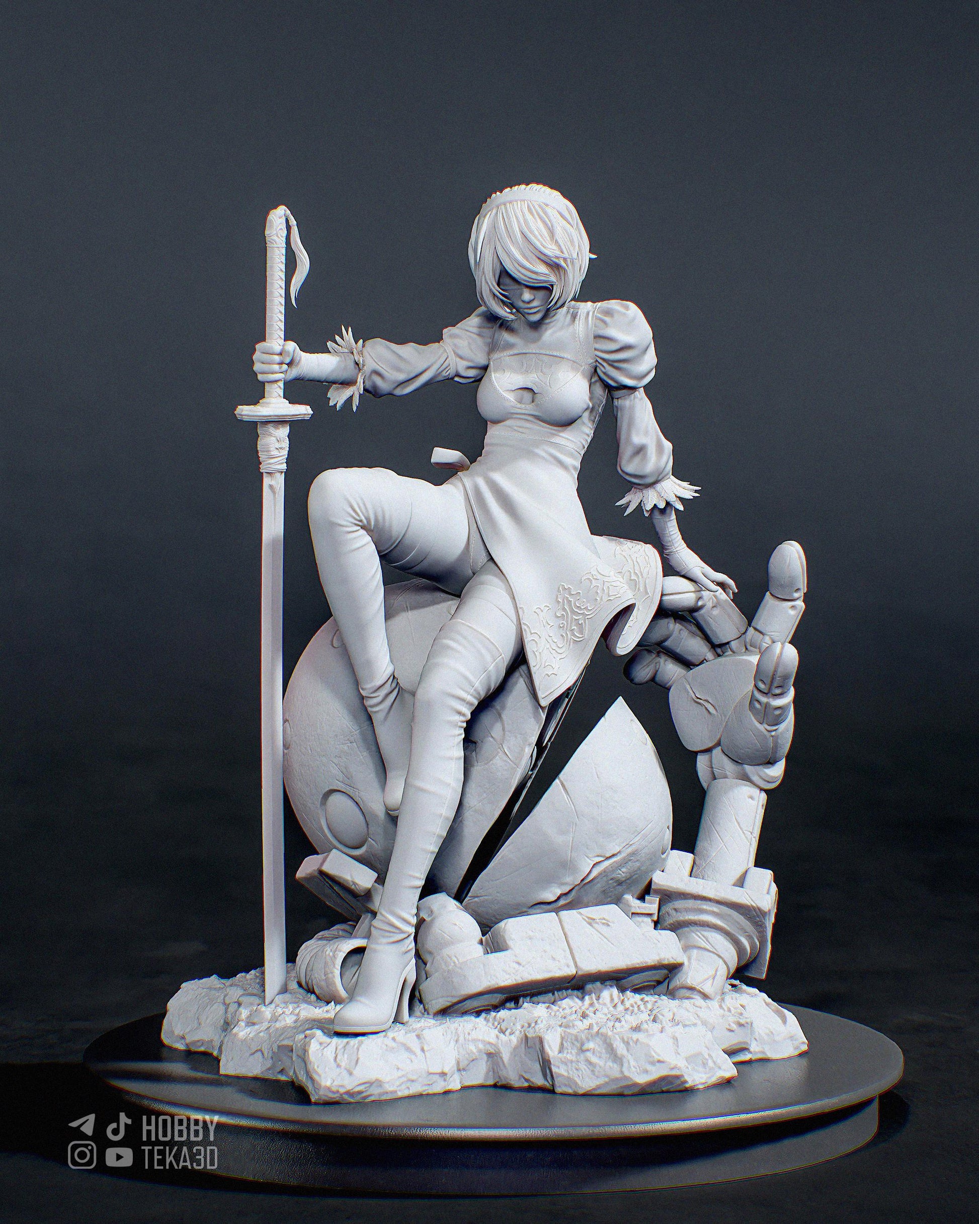 Unpainted sci-fi resin figure of a blindfolded android woman seated on a broken robot with sword
