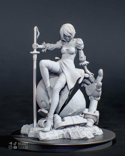 Unpainted sci-fi resin figure of a blindfolded android woman seated on a broken robot with sword