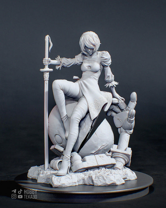 Unpainted sci-fi resin figure of a blindfolded android woman seated on a broken robot with sword