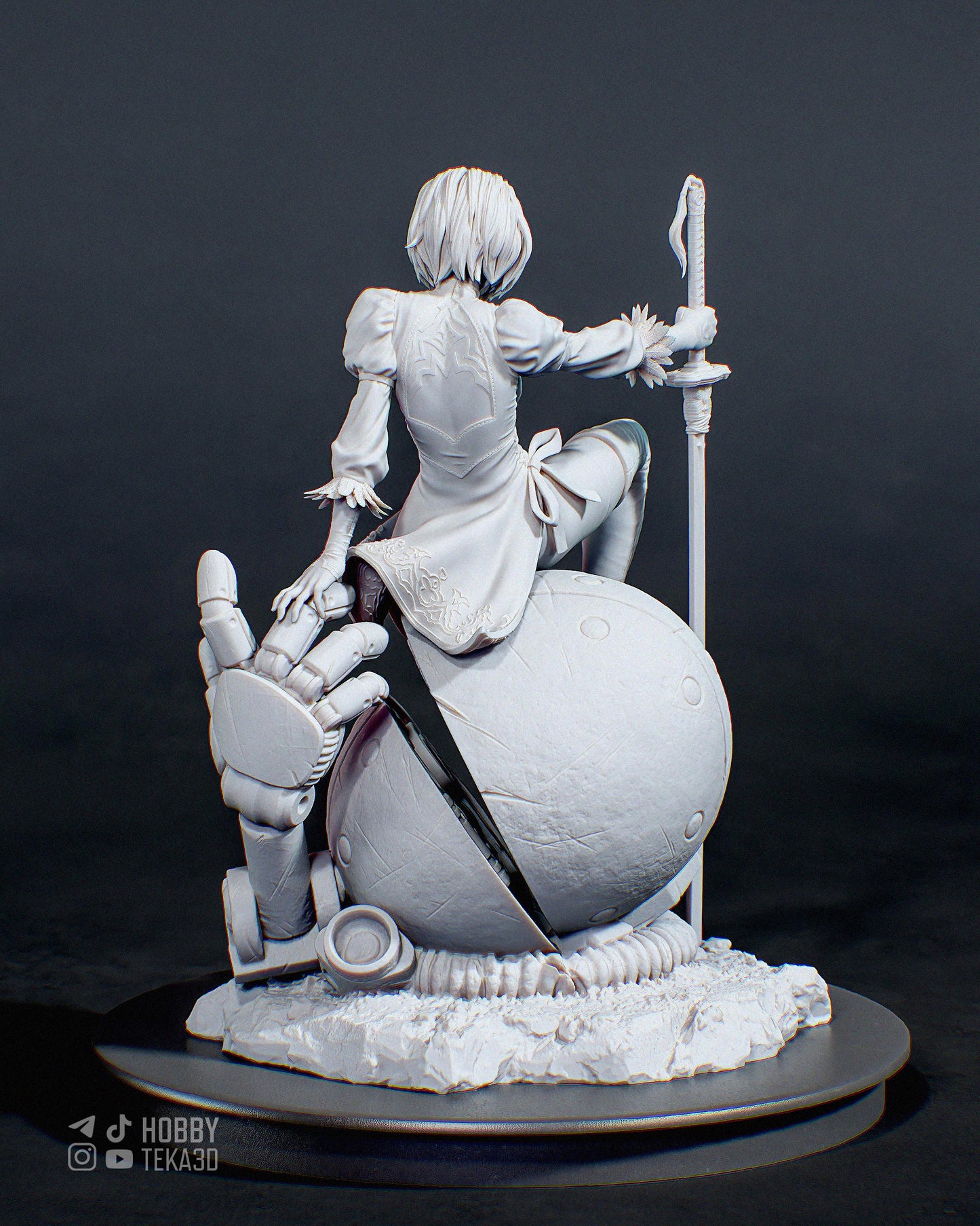 Rear view of an unpainted sci-fi resin figure seated on a damaged robot sphere with sword