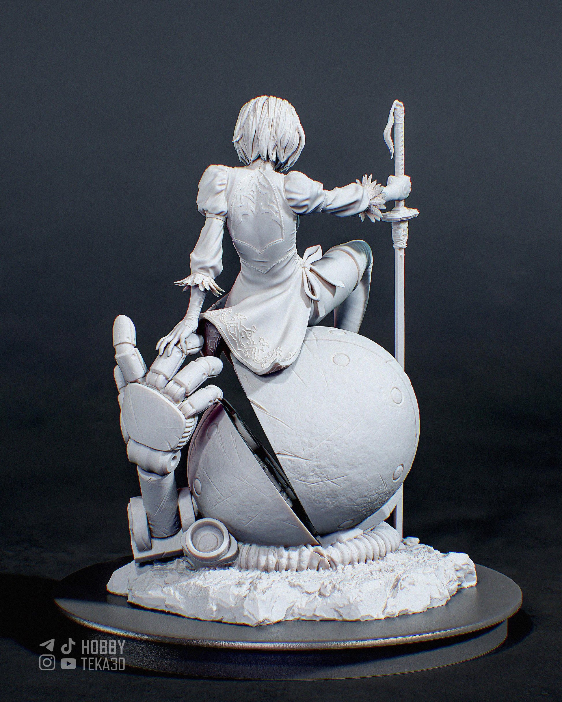 Rear view of an unpainted sci-fi resin figure seated on a damaged robot sphere with sword