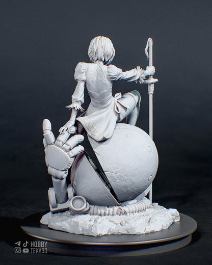 Rear view of an unpainted sci-fi resin figure seated on a damaged robot sphere with sword