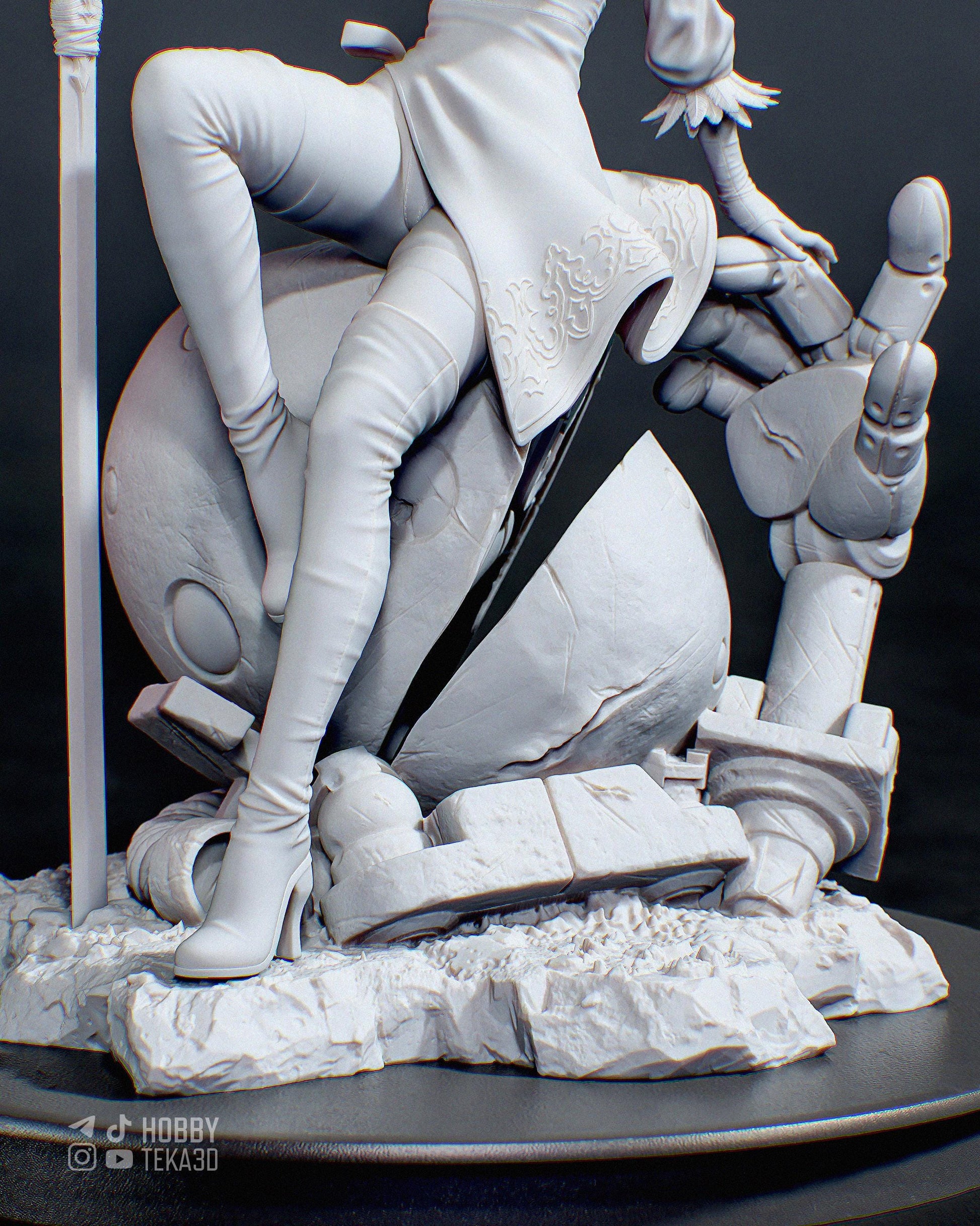 Detailed unpainted resin figure base with broken robot parts mechanical hand and textured ground