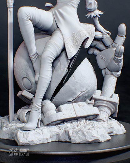 Detailed unpainted resin figure base with broken robot parts mechanical hand and textured ground