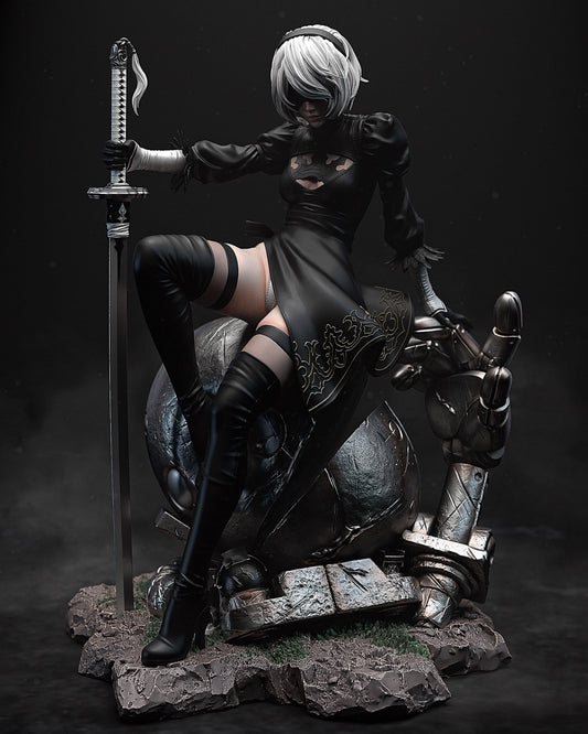 Hand Painted Gothic Android Swordswoman Resin Statue – 1/8 and 1/6 Scale – Anime Style Figure on Robot Base – photo 1