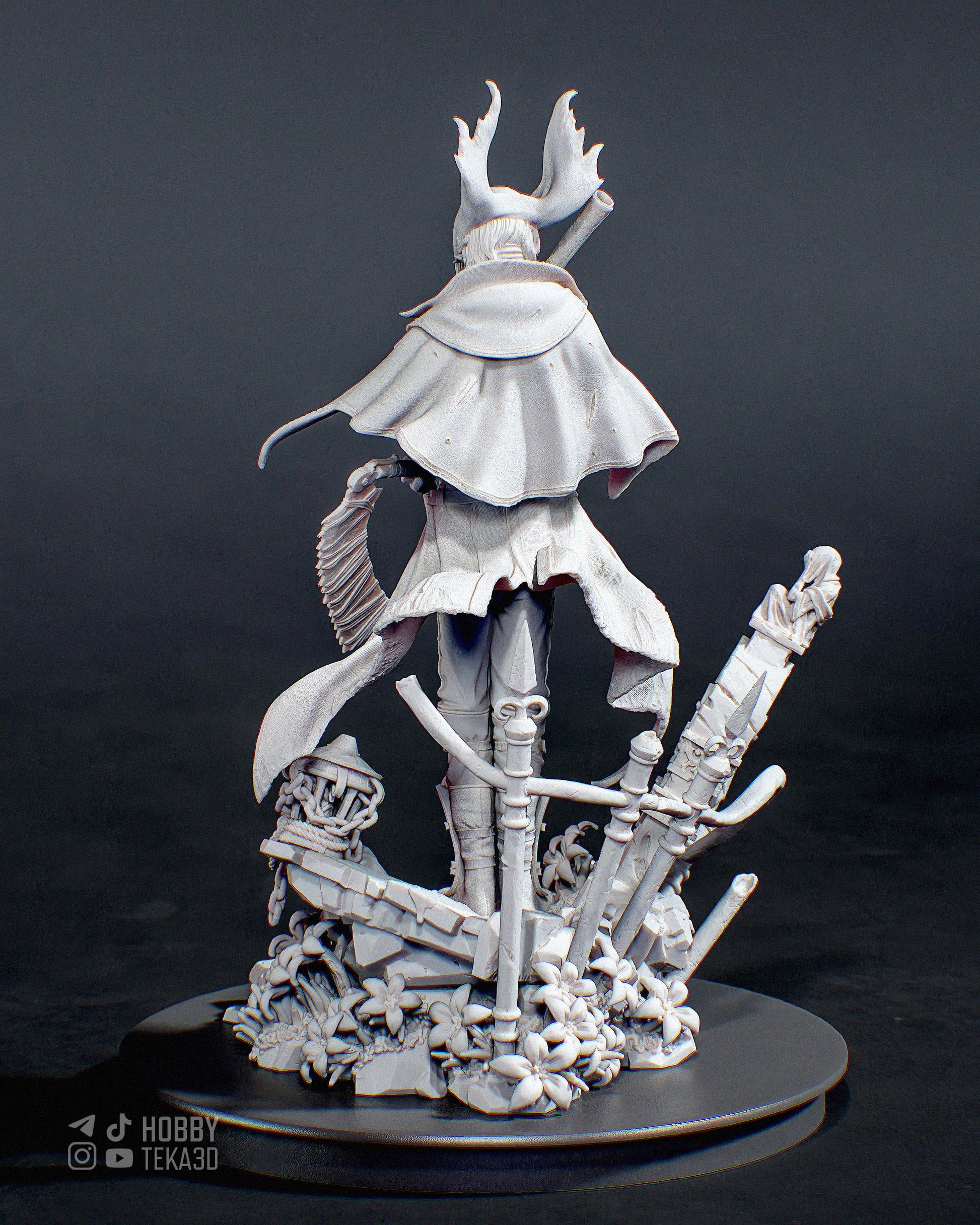 Rear view of an unpainted fantasy hunter resin figure with flowing cape and detailed ruined base