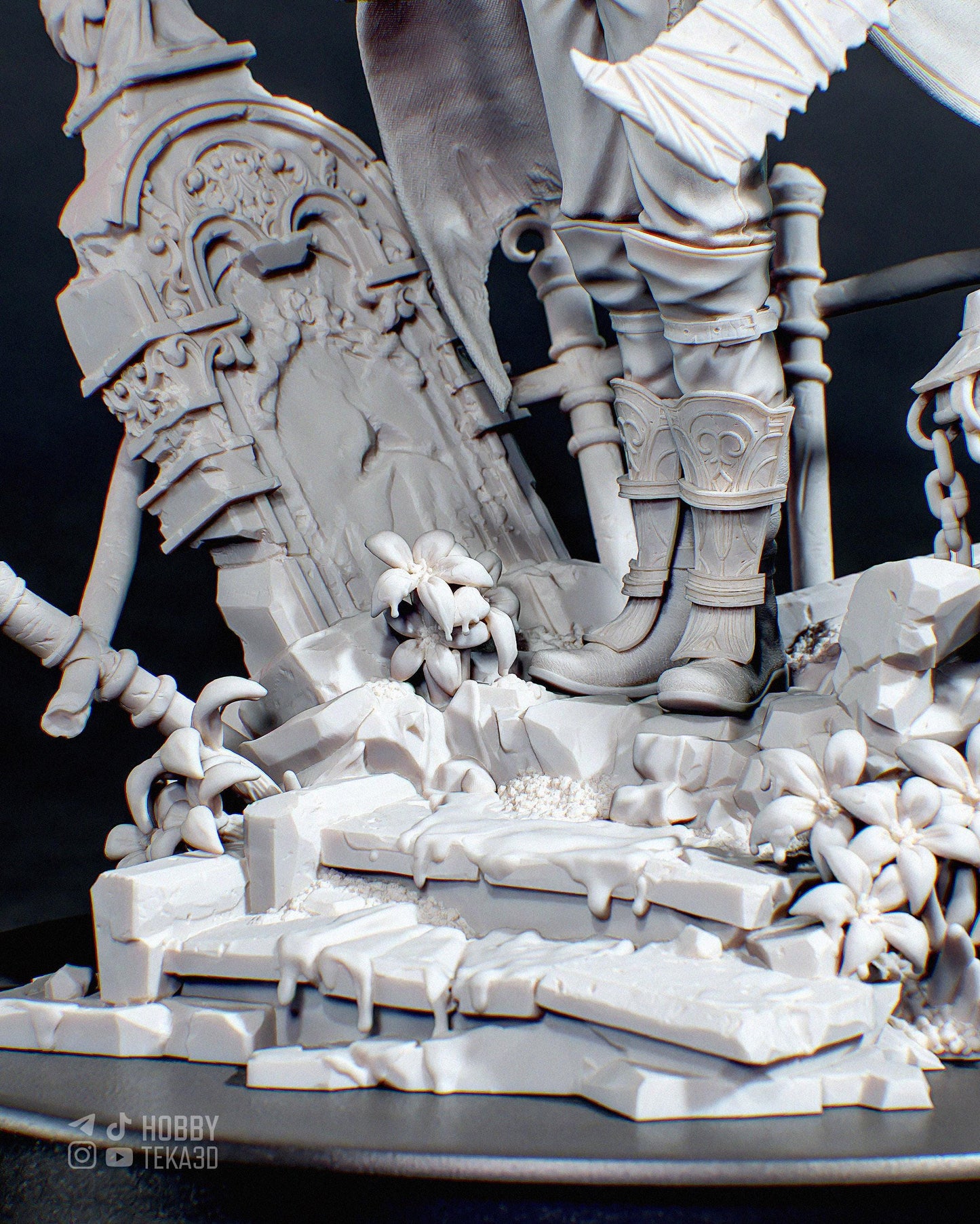 Detailed unpainted fantasy resin base with broken stone steps flowers chains and weapon props