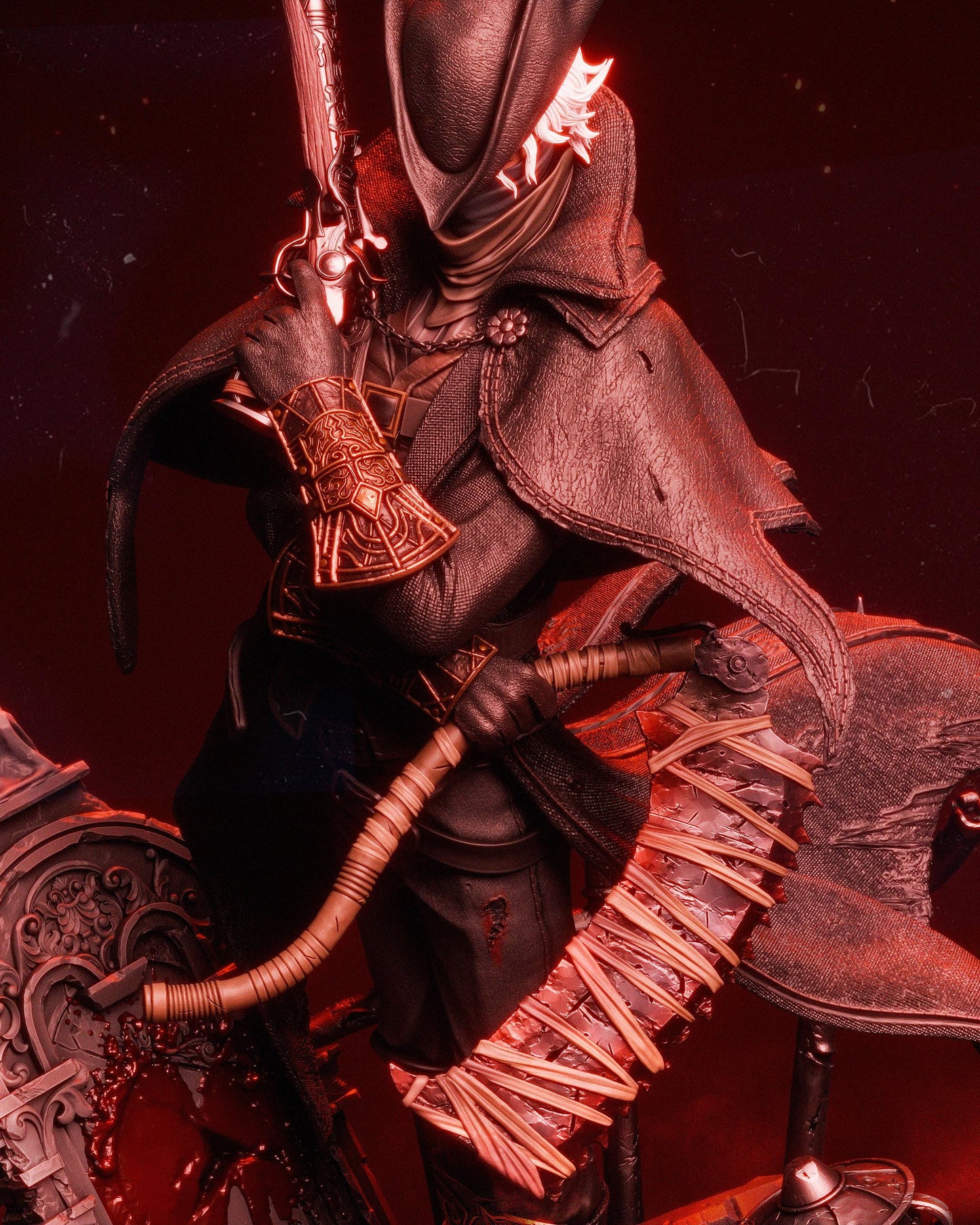 Close-up handpainted fantasy hunter resin statue with antlered hat rifle and glowing red lighting
