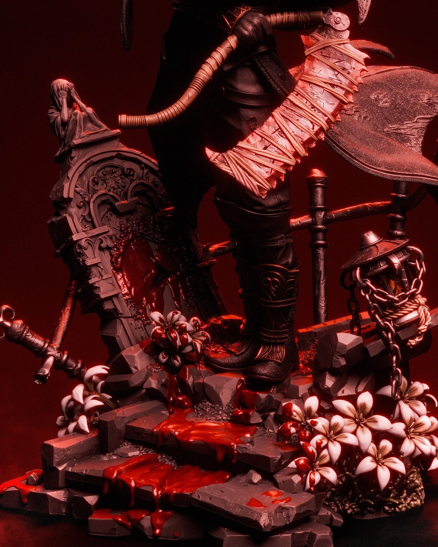 Detailed handpainted fantasy resin base with broken stone steps flowers chains and glowing red effects