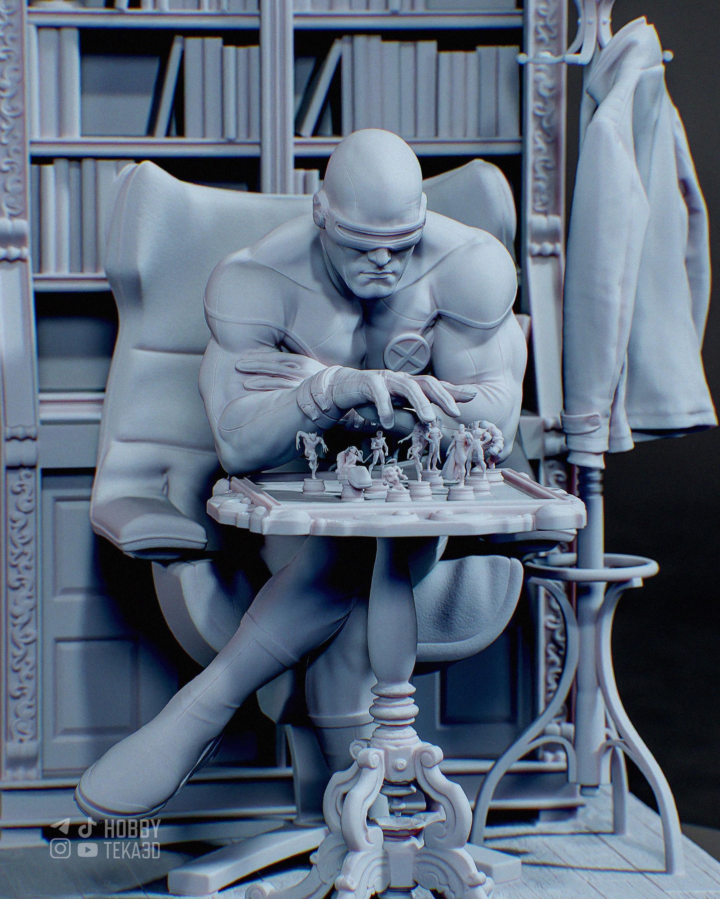 Unpainted superhero resin statue playing chess in an armchair with detailed bookshelf background and miniature pieces