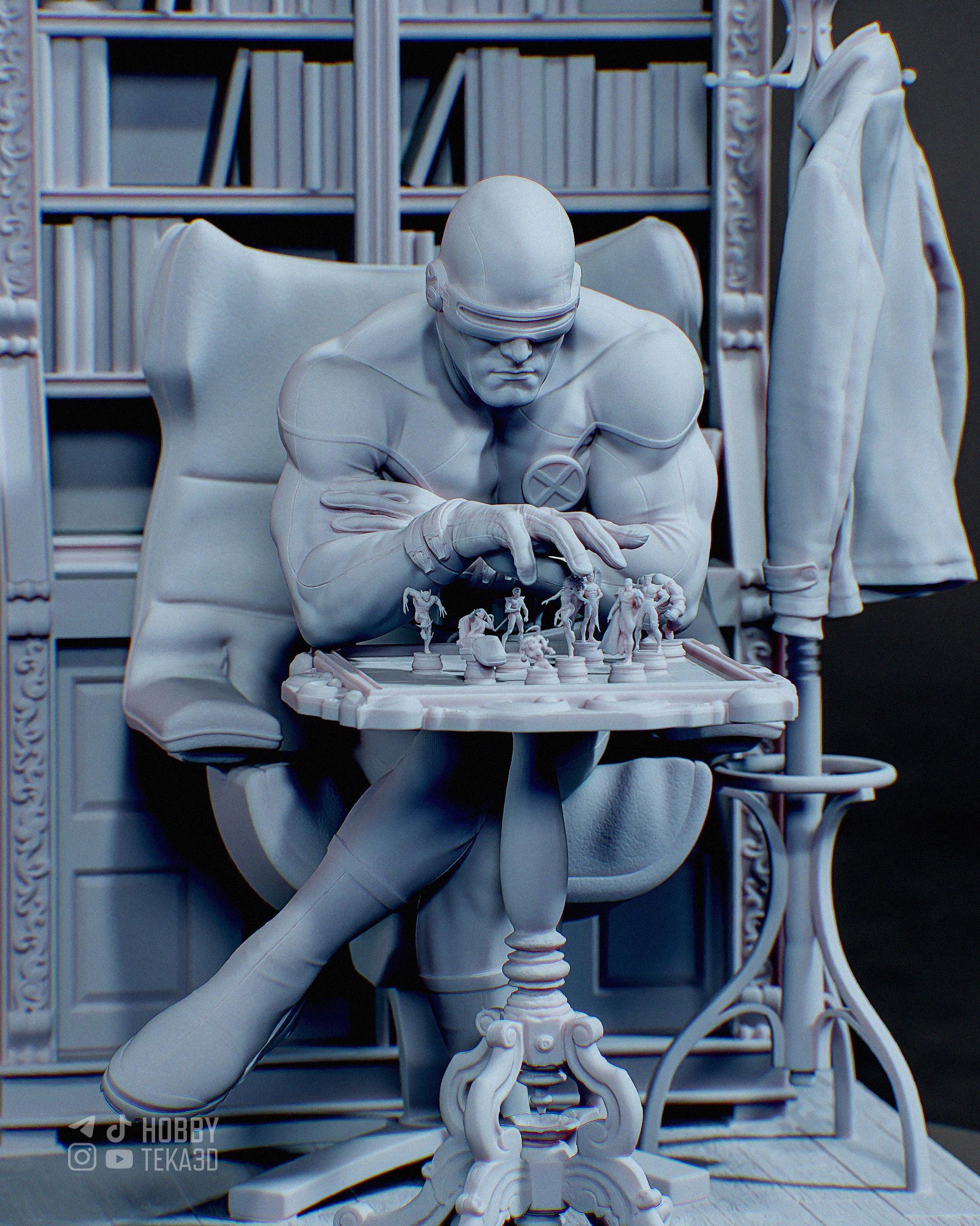 Unpainted superhero resin statue playing chess in an armchair with detailed bookshelf background and miniature pieces