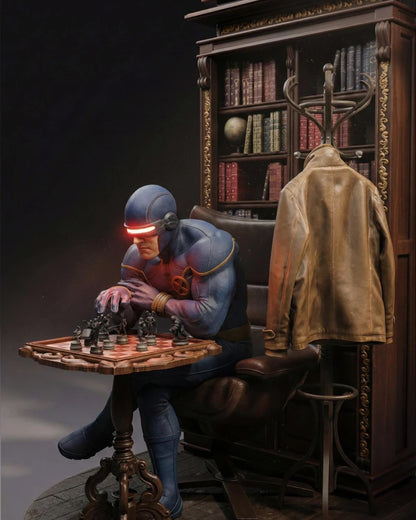 Handpainted superhero resin statue playing chess beside a coat stand and bookshelf in detailed study setting