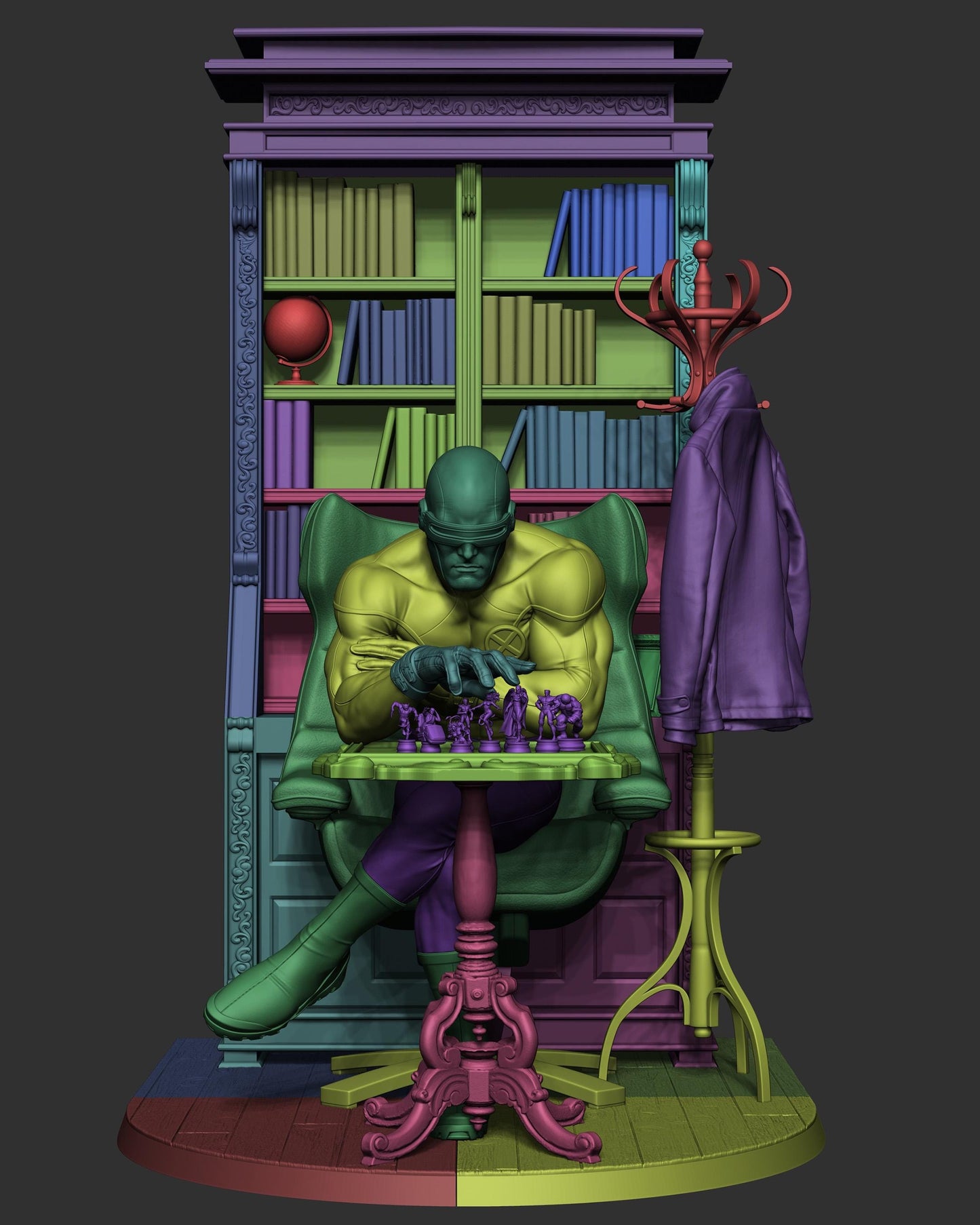 Colored 3D model render of a seated superhero playing chess with bookshelf backdrop and coat stand accessories