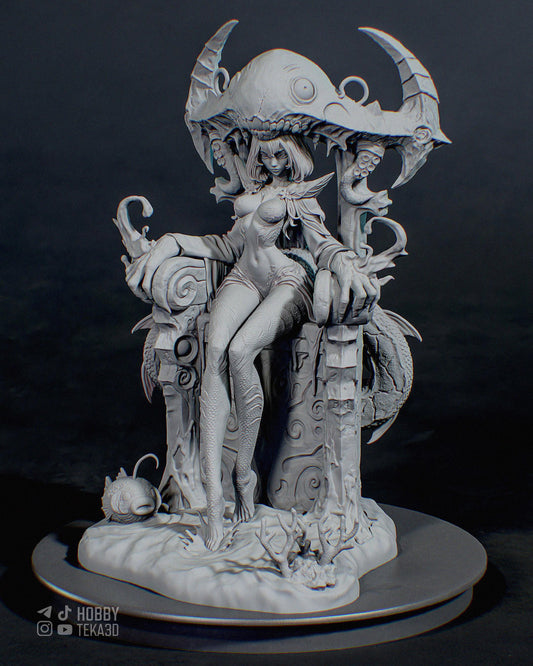 Unpainted fantasy resin figure of a seated sea creature queen beneath a monstrous shell throne with tentacles