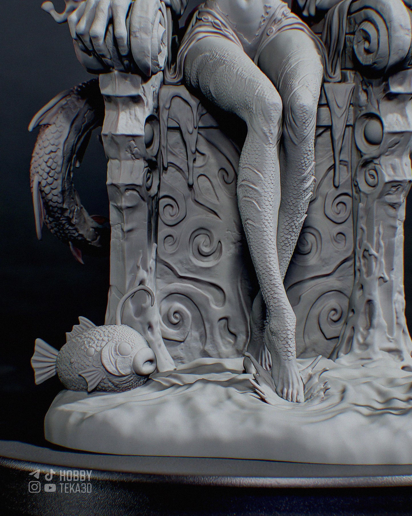 Detailed unpainted resin figure base with scaled legs fish creature and underwater themed throne textures