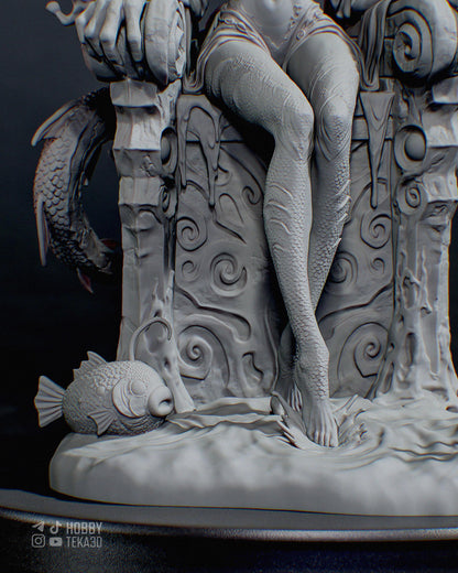Detailed unpainted resin figure base with scaled legs fish creature and underwater themed throne textures