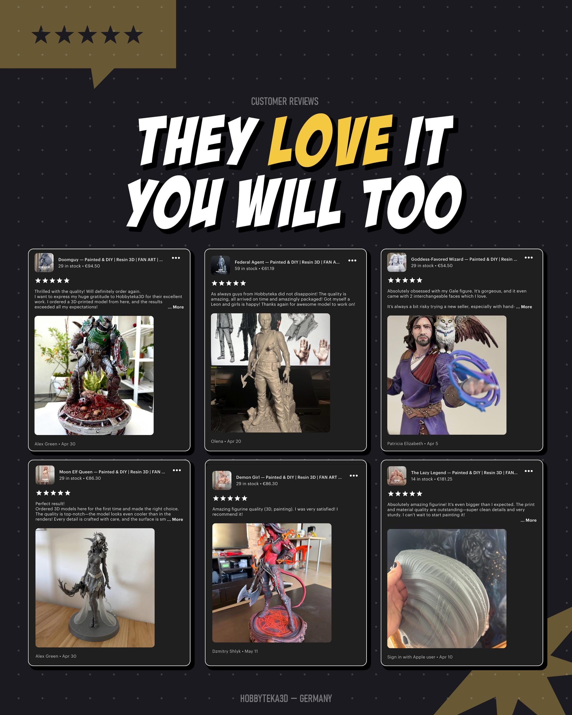 Customer review infographic featuring buyer photos and testimonials for painted and unpainted resin figures