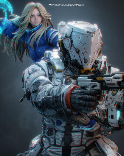 Hand Painted Sci Fi Astronaut and Android Girl Resin Statue – Father and Daughter Diorama – 1/8 and 1/6 Scale – photo 2