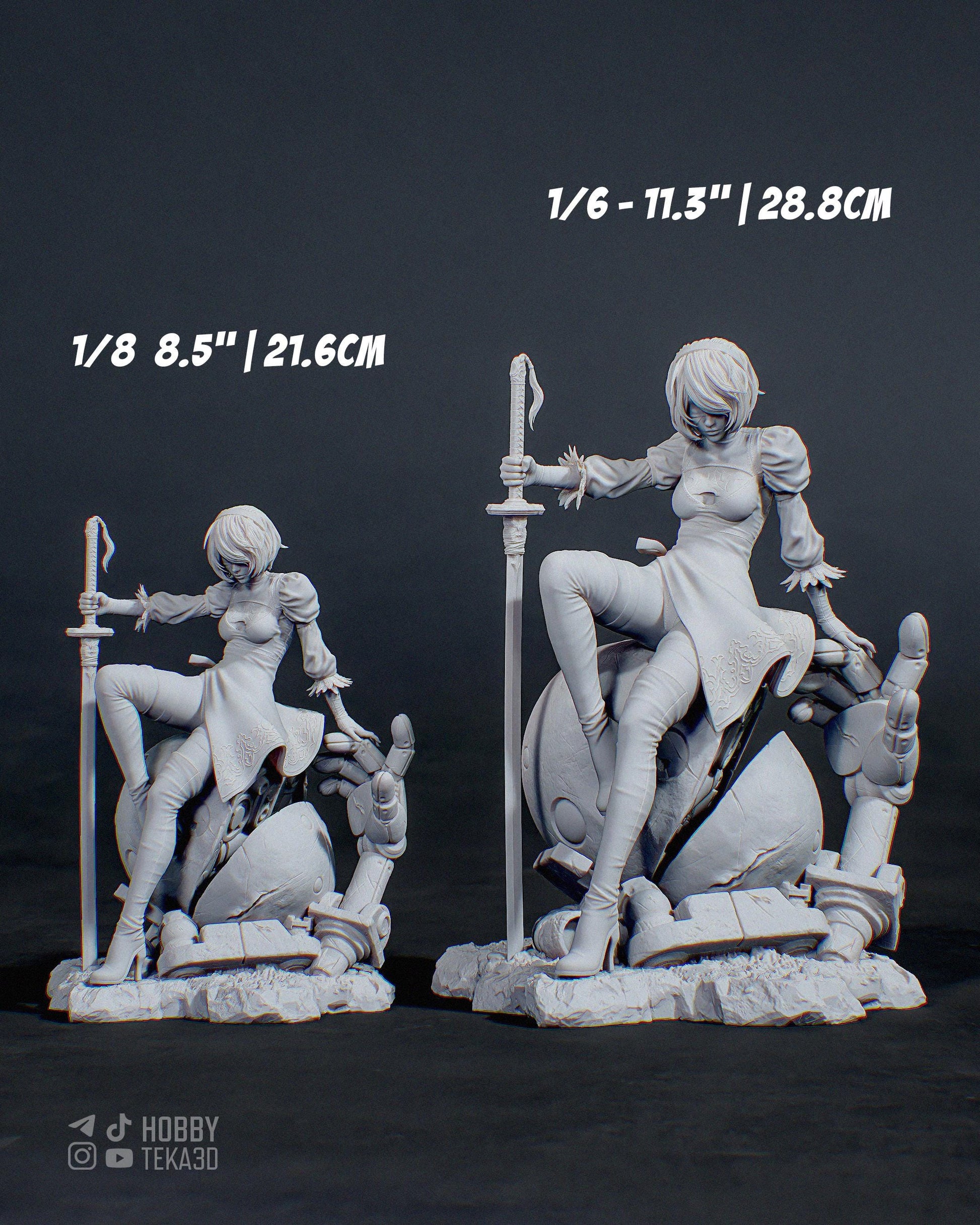 Two unpainted sci-fi resin figures in 1/8 and 1/6 scale featuring a blindfolded android woman