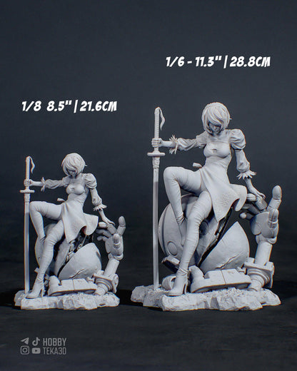 Two unpainted sci-fi resin figures in 1/8 and 1/6 scale featuring a blindfolded android woman