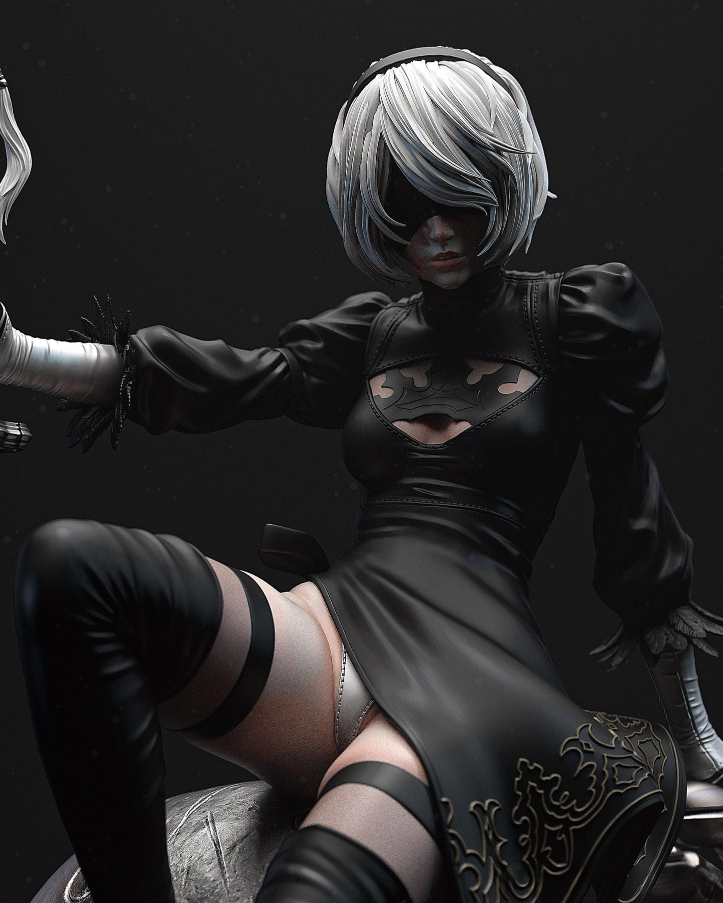 Close-up handpainted android resin figure with black dress blindfold visor and detailed embroidery