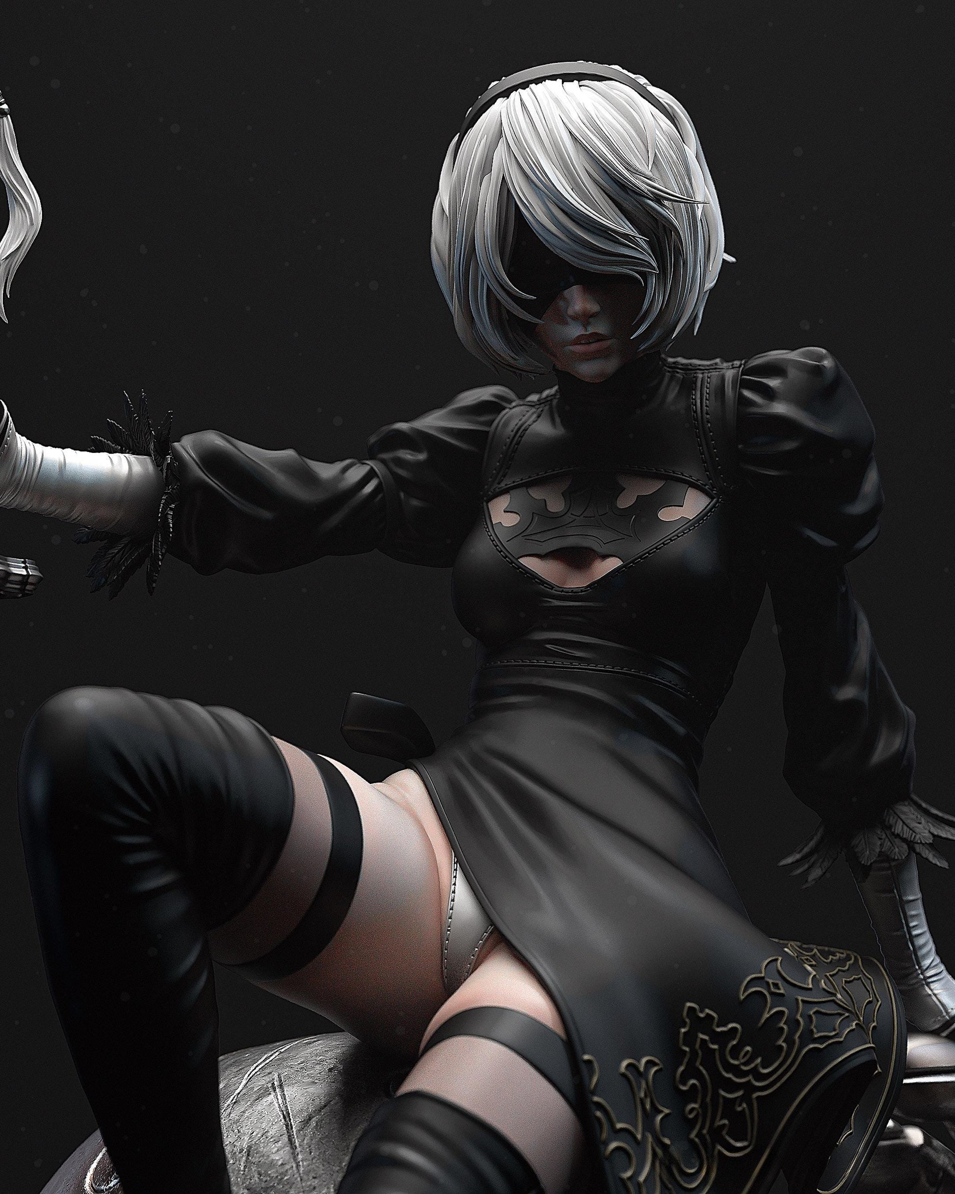 Close-up handpainted android resin figure with black dress blindfold visor and detailed embroidery