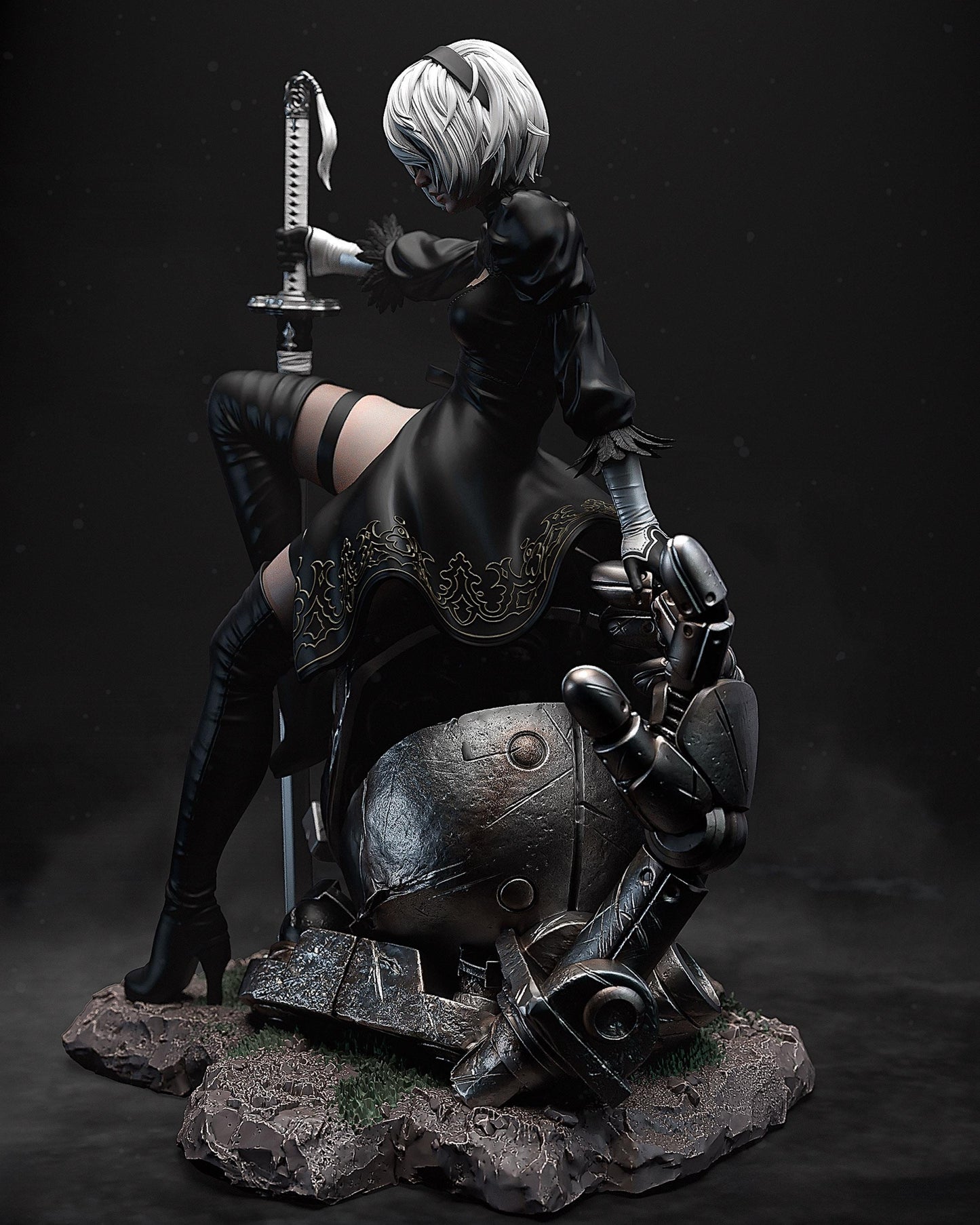 Side view handpainted sci-fi resin figure with black outfit mechanical hand and ruined robot base