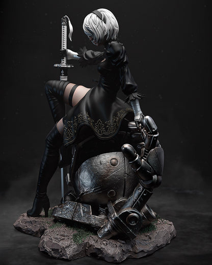 Side view handpainted sci-fi resin figure with black outfit mechanical hand and ruined robot base