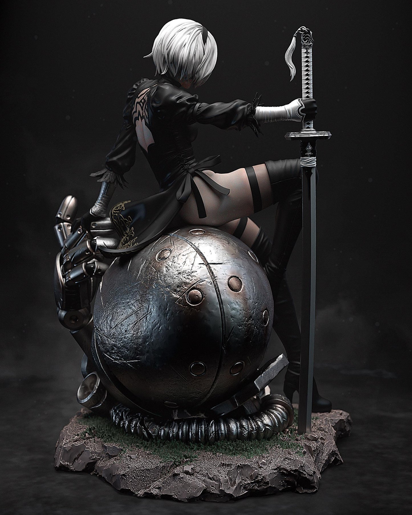 Rear view of a handpainted android resin statue seated on a damaged robot sphere with long sword