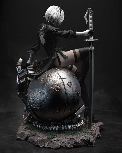 Rear view of a handpainted android resin statue seated on a damaged robot sphere with long sword