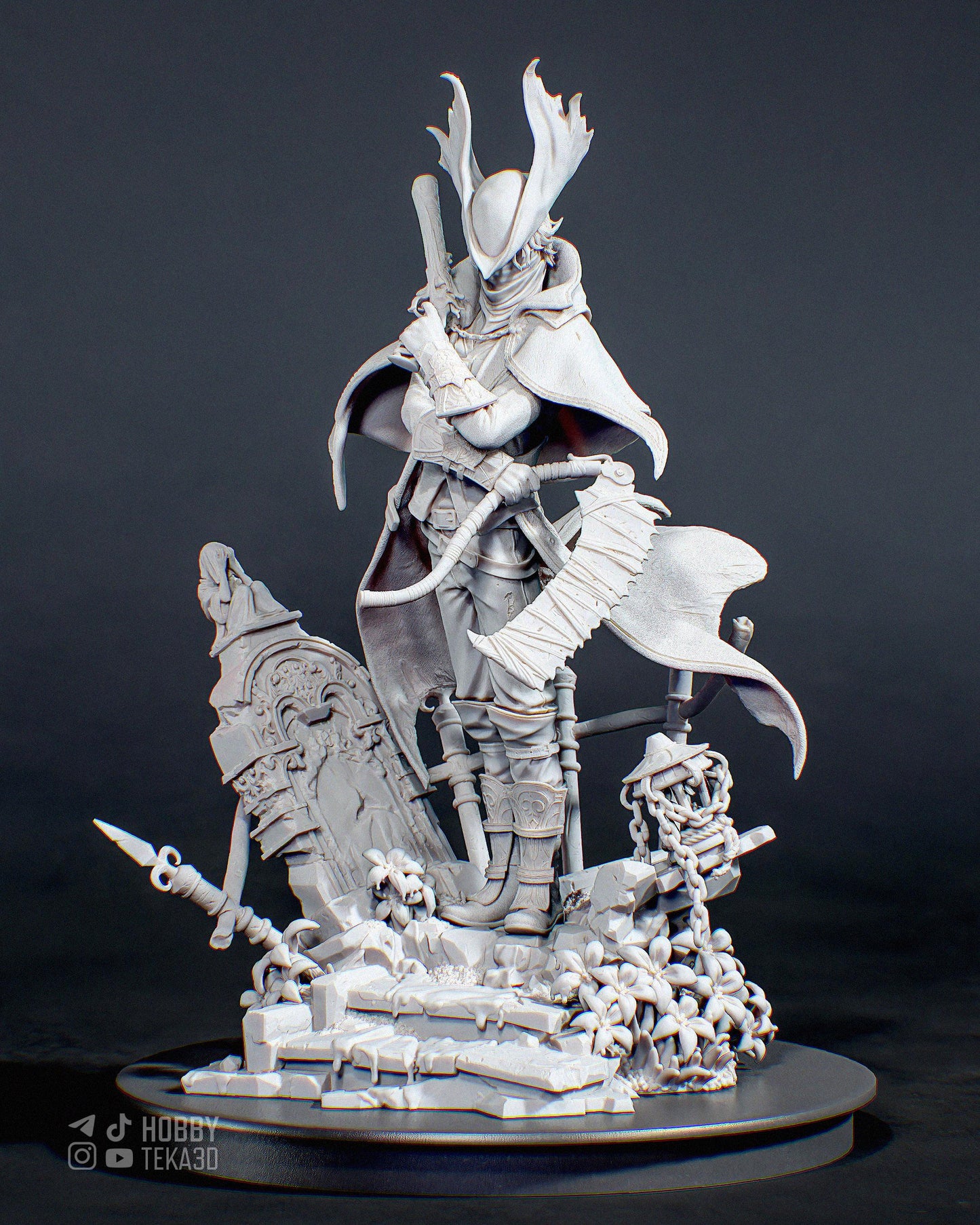 Unpainted fantasy hunter resin figure with antlered hat rifle and flowing cape on ruined stone base