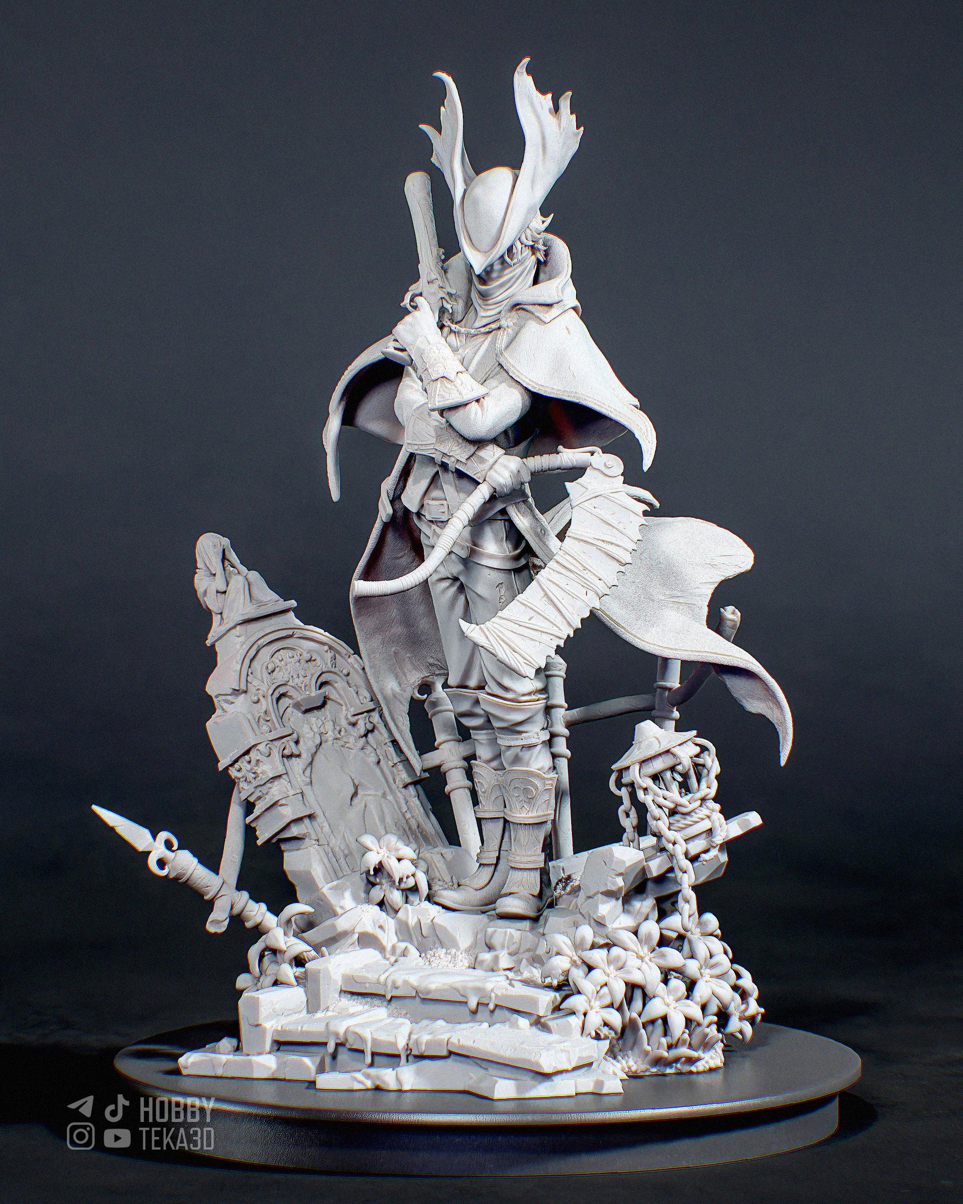 Unpainted fantasy hunter resin figure with antlered hat rifle and flowing cape on ruined stone base
