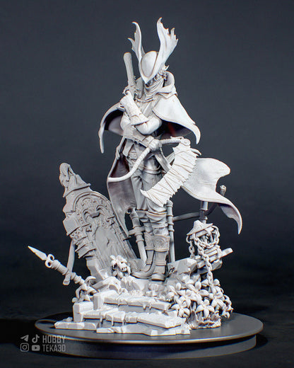 Unpainted fantasy hunter resin figure with antlered hat rifle and flowing cape on ruined stone base