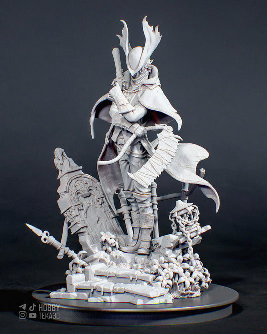 Unpainted fantasy hunter resin figure with antlered hat rifle and flowing cape on ruined stone base