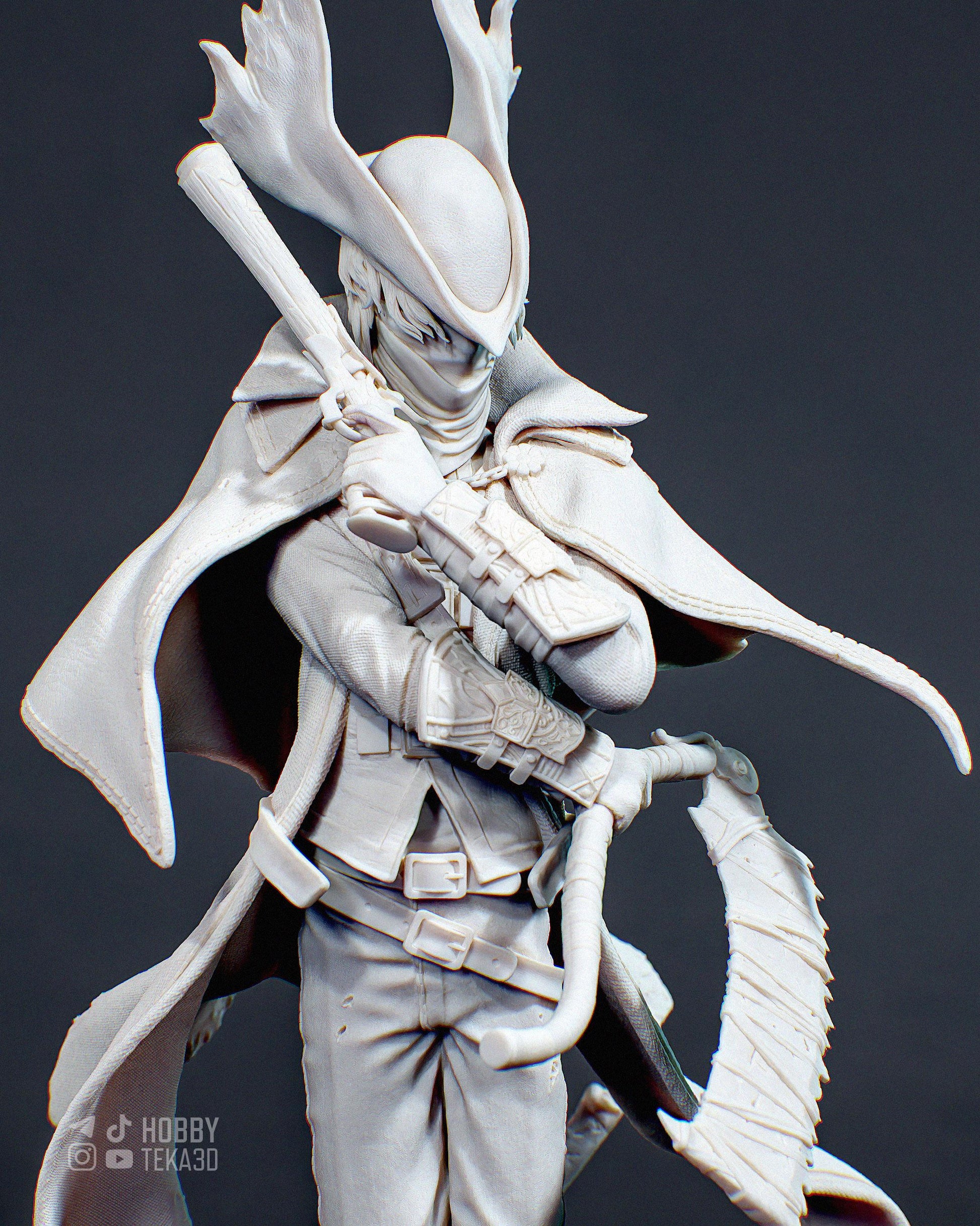 Close-up unpainted fantasy resin hunter holding a rifle with antlered hat and layered cloak details
