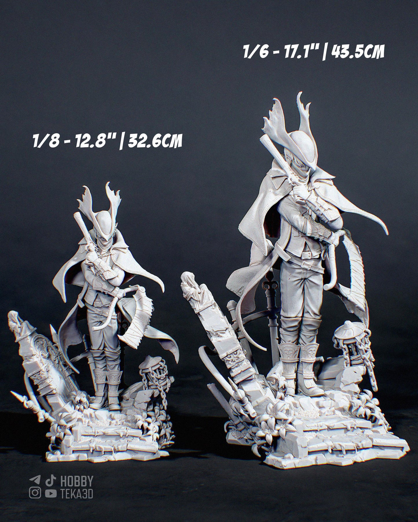 Two unpainted fantasy hunter resin figures in 1/8 and 1/6 scale with ruined gothic base
